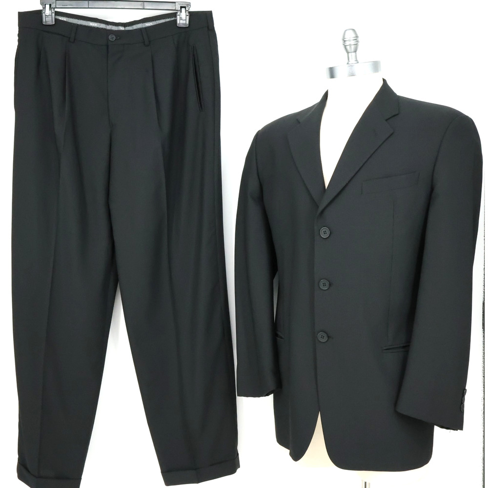 Mani Suit Mens 43R Black Wool Lined Three Button Jacket Pants Vintage Preppy